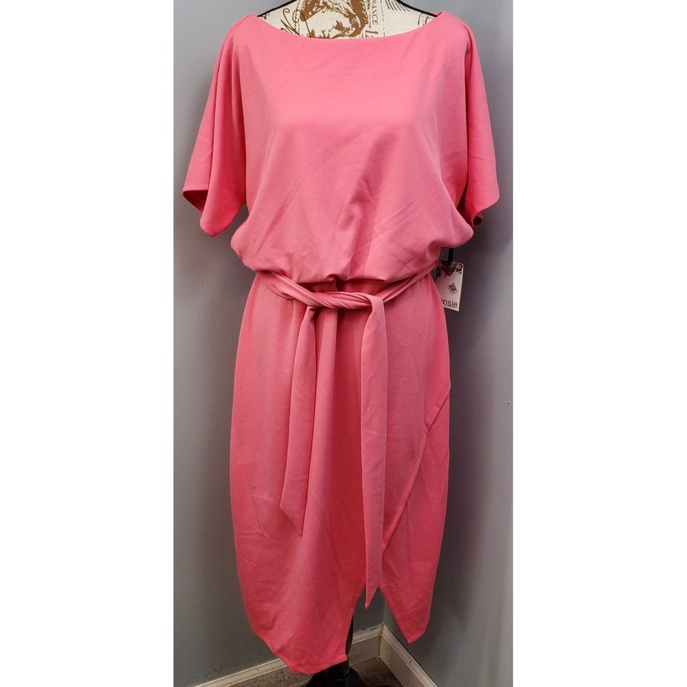 Kensie Shift Dress Women 16 Pink Short Sleeve Summer Everyday Tie-Waist Side Zip